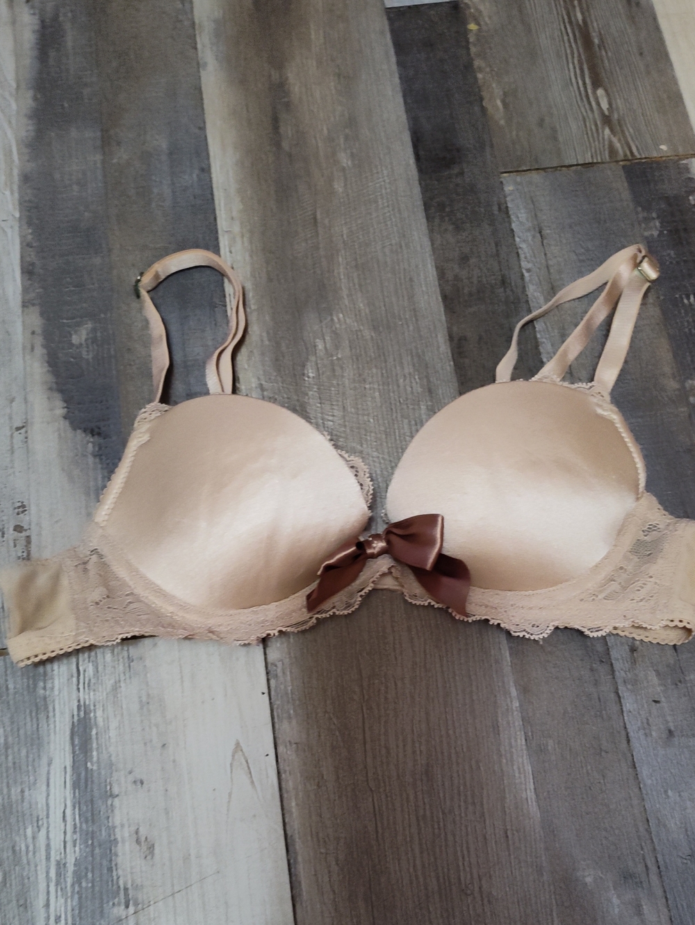 5/$25 SALE Aerie Size 32A Push Up Underwire Nude Lace-Trim Push-Up Bra Satin Bow